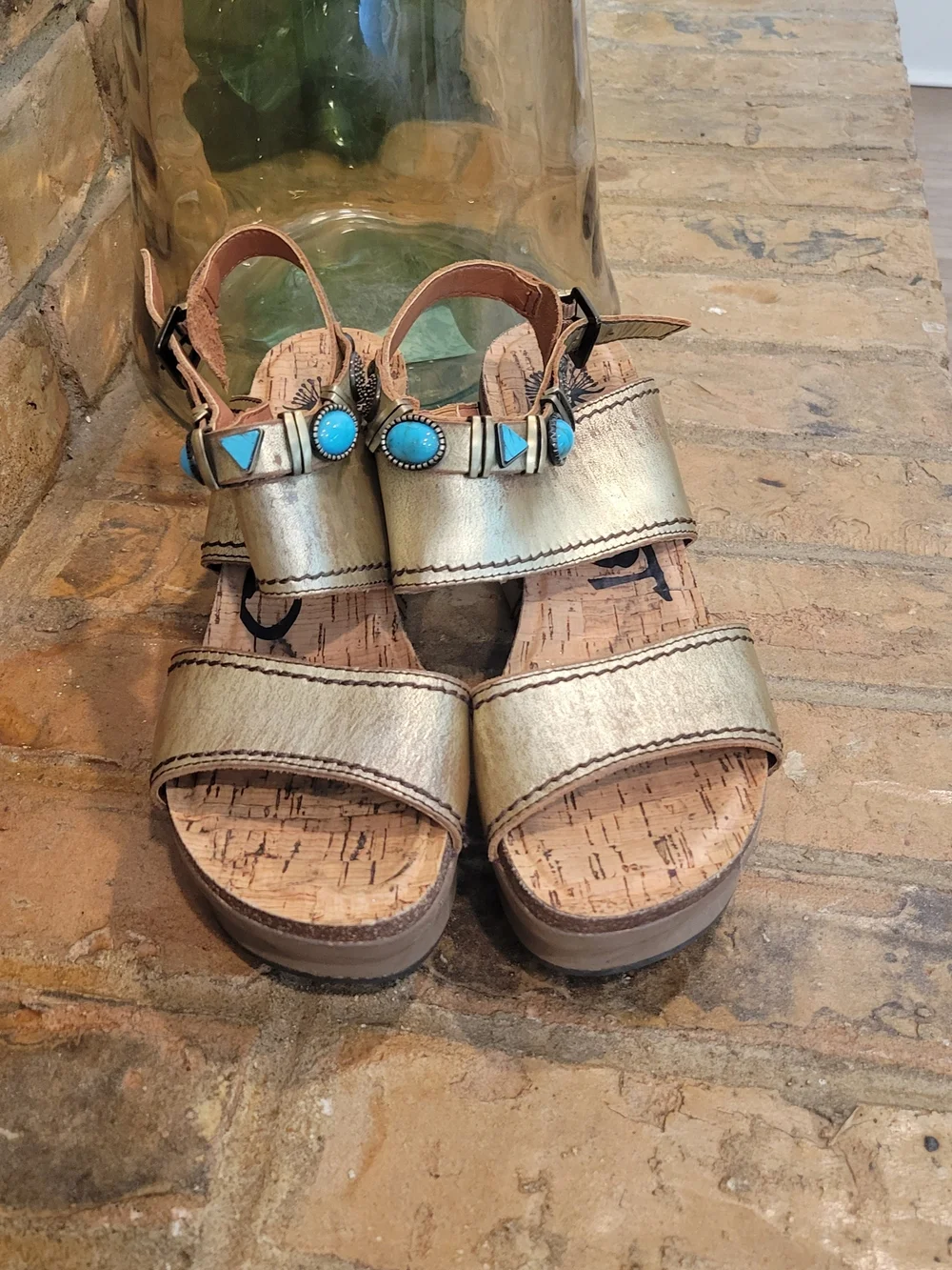 OTBT Gold Wedge Sandals with Turquoise Accents